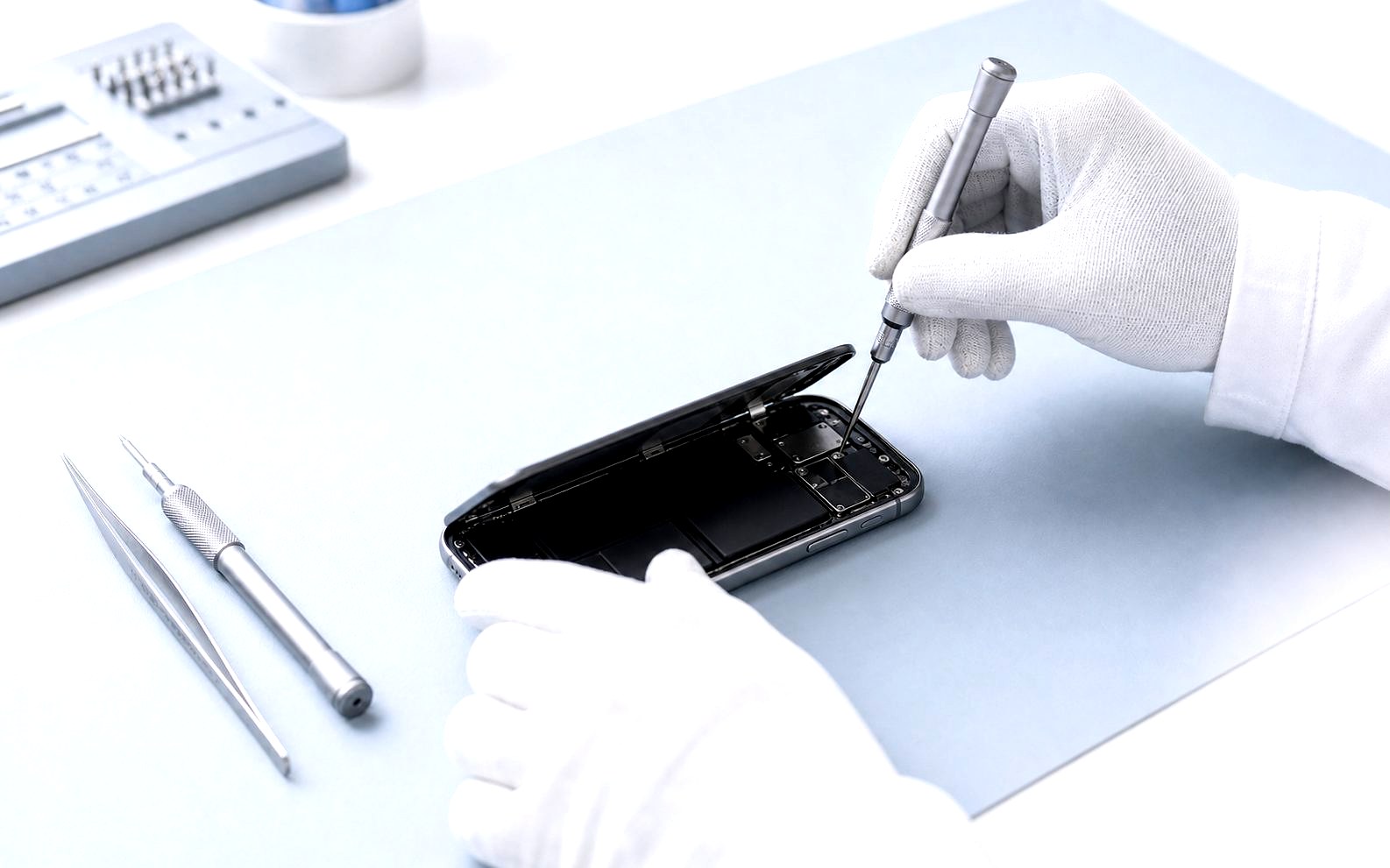 白手袋でiPhoneを丁寧に分解・修理する様子